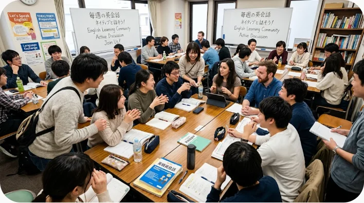 混雑度の異なる美術館入口、チケット列、静かな展示室を見比べる英語学習者