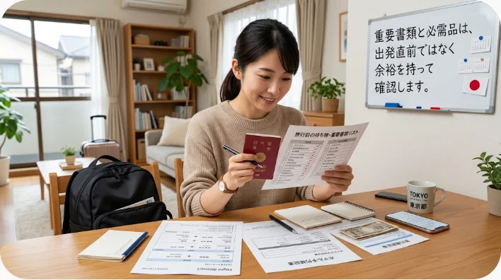 パスポート、旅行書類、支払い手段、薬、充電用品を並べた海外旅行準備品