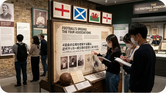古い革製サッカーボールと19世紀の規則書を展示した英国サッカー史の資料室