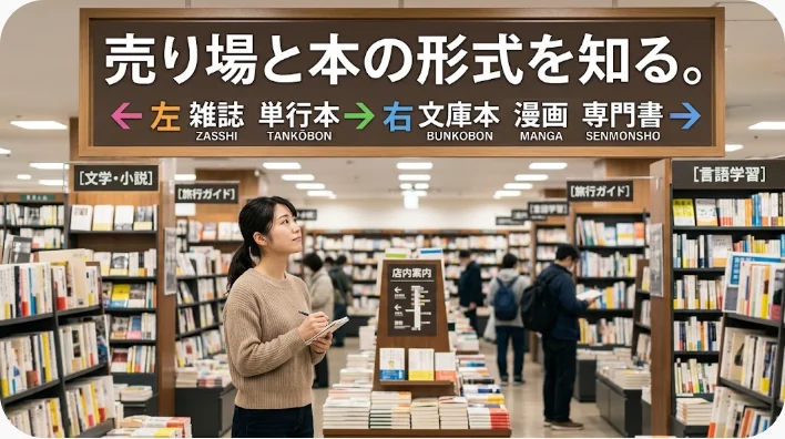 英語圏の書店で学習者が本の種類と売り場を確認している様子