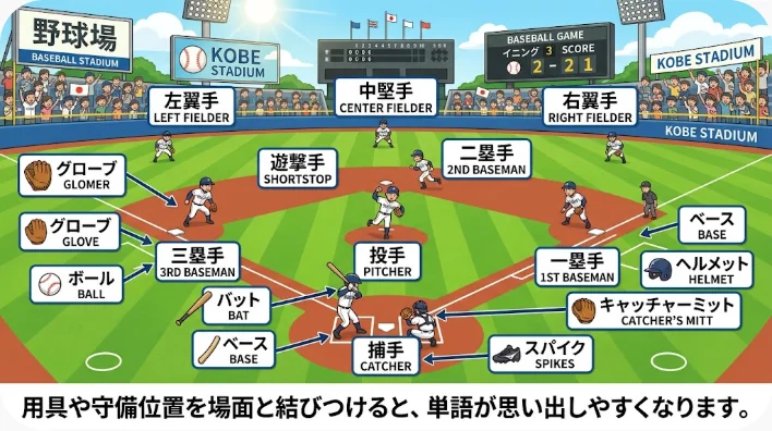 グローブやボール、バットなどの野球用具を並べた学習イメージ