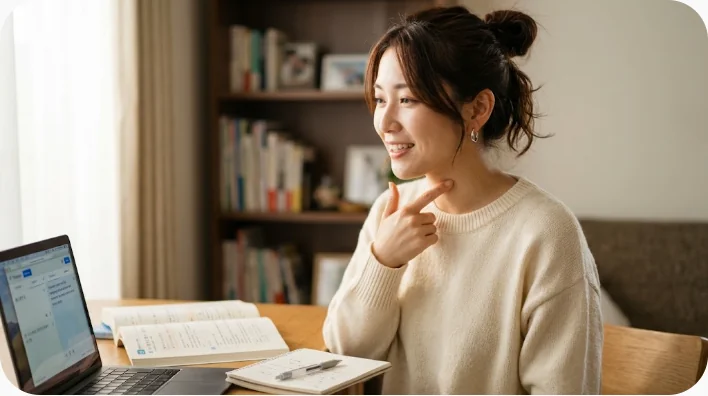 喉を指しながらスマートフォンで英語の発音を練習する日本人学習者