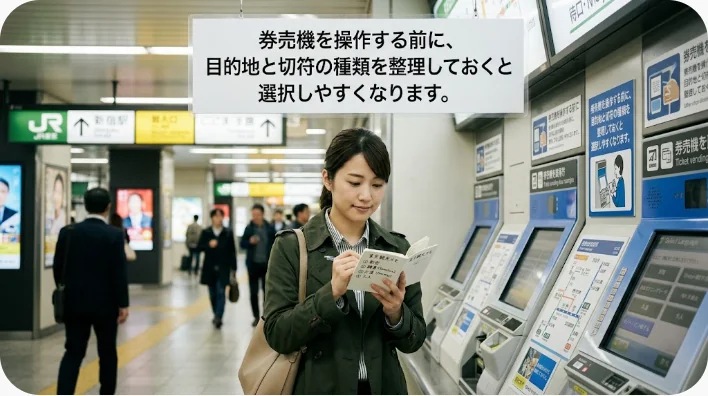 海外の駅で旅行者が券売機と路線図を確認している様子