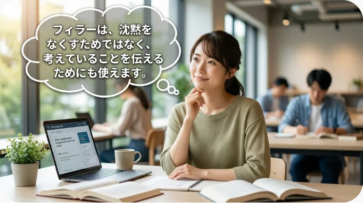 オンライン英会話でフィラーを練習する日本人の成人学習者