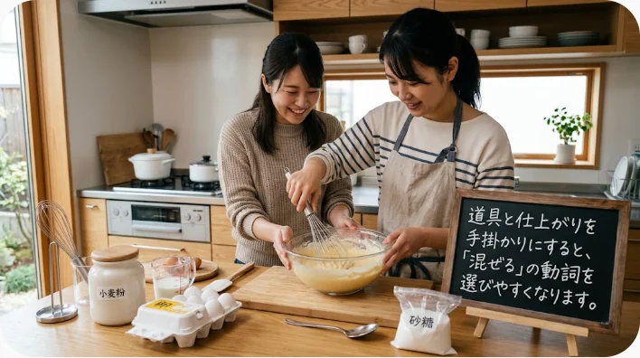 木べら、泡立て器、ゴムべら、ブレンダーと材料を並べた料理道具の比較画像
