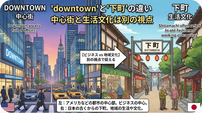 近代的な中心業務地区と昔ながらの東京の生活地域を左右に並べて比較した景観
