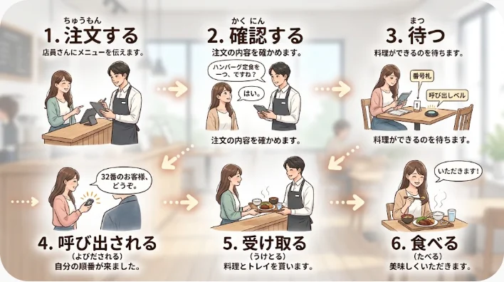 バーガーや飲み物、カード端末を前に注文の流れを確認する英語学習者