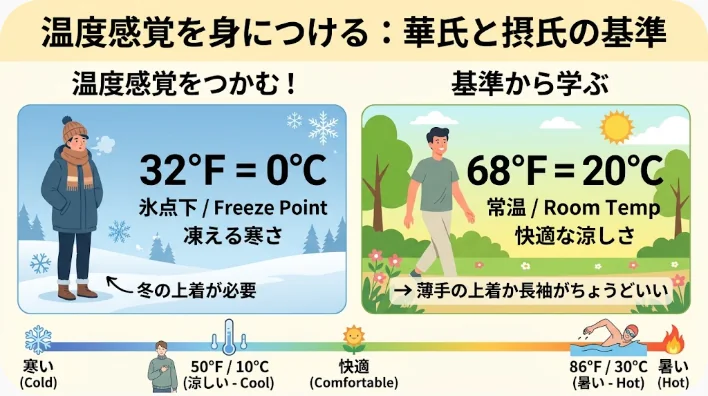 氷点と室温における華氏と摂氏の対応を示す2本の温度計