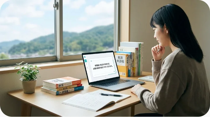 英検学習用の単語カードや文法ノート、ヘッドホン、タイマーを整理した机
