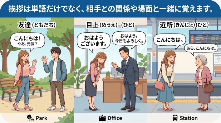 英語の丁寧な挨拶とカジュアルな挨拶を机で整理する日本人学習者
