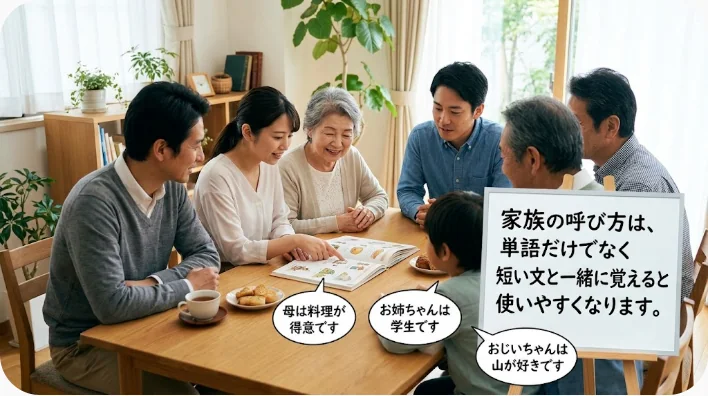 家族を表す英単語を家系図カードとノートで学んでいる机上の様子