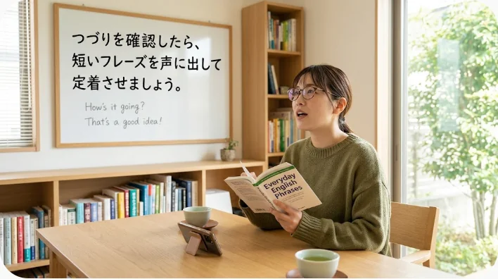 バレンタインカードと英語の発音練習ノートが机に置かれている様子