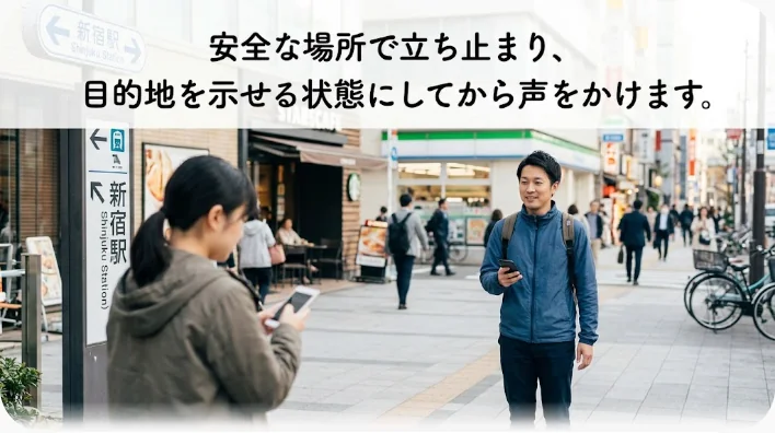英語圏の街の歩道で地図を確認しながら道を尋ねる準備をする英語学習者