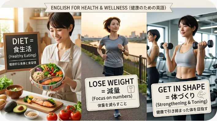バランスのよい食事と体重計、メジャー、英語学習用ノートが並ぶ様子