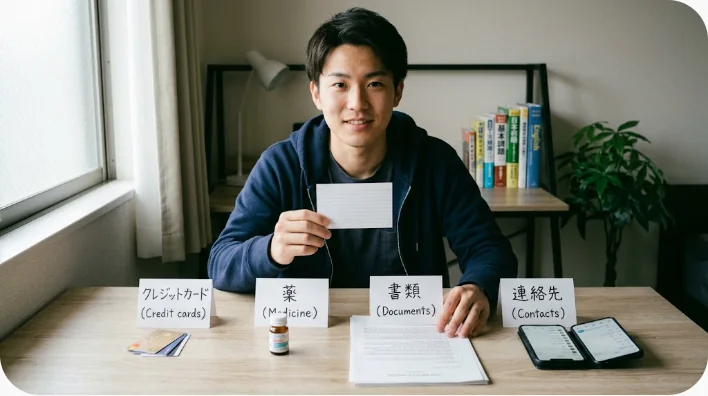 アレルギーカード、医療書類、薬用ポーチ、携行食を机に並べた渡航準備の様子
