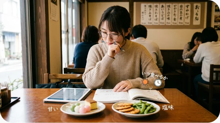 甘いキャンディーやクッキーと塩味の米菓やポテトチップスを分けて並べた様子