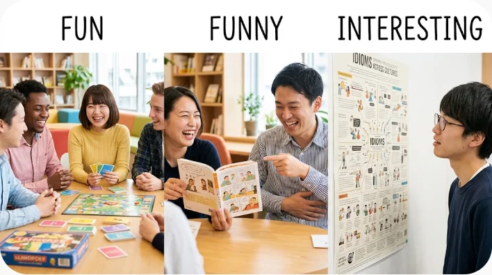 楽しさ、笑い、好奇心の三分類を小物とノートで表した英語学習風景