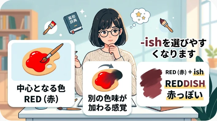赤みがかった茶色や青みがかったグレーなどの色見本と学習ノート