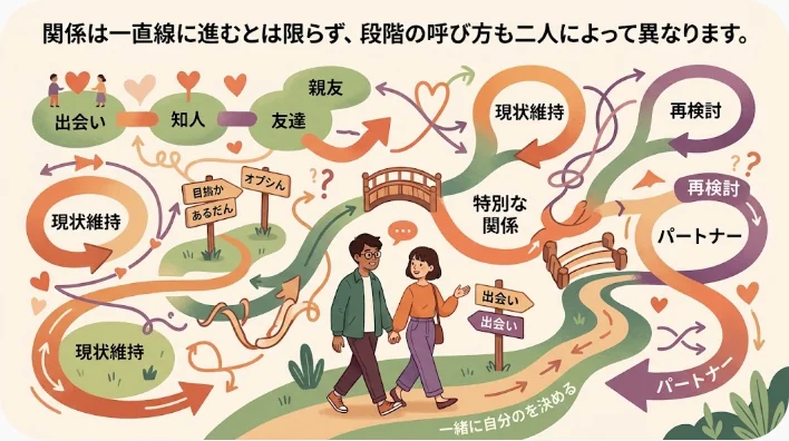 気軽な交流からデート、二人だけの合意、正式な交際へ進む複数の場面