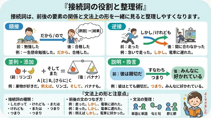 英語の接続詞を3種類に分けて英文カードを整理した学習机