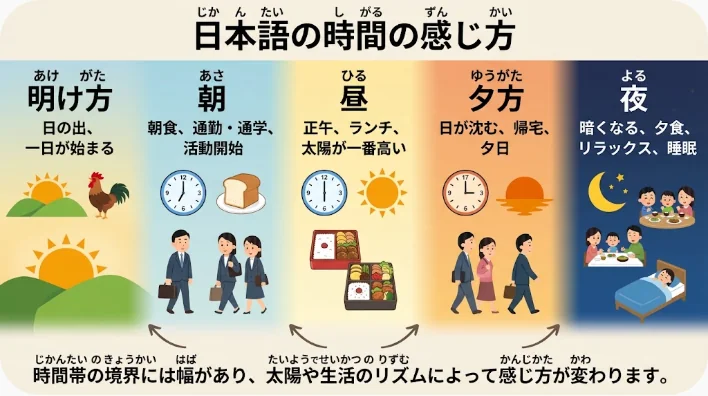 夜明けから未明までの空と生活場面で一日の時間帯を示した横長画像