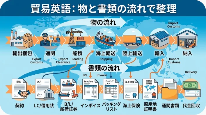 地球儀、貨物船、コンテナ、貿易書類が並ぶ国際貿易の学習風景