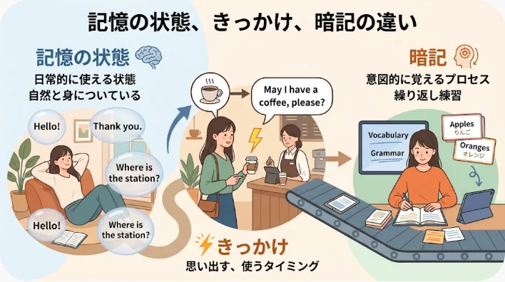写真やカレンダーや単語カードを使って記憶表現を整理する英語学習者の机