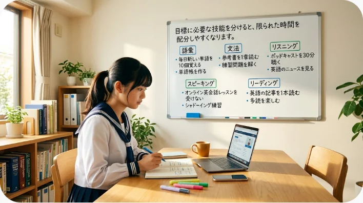 語彙カードとヘッドホンを使い四技能の学習を整理する成人英語学習者