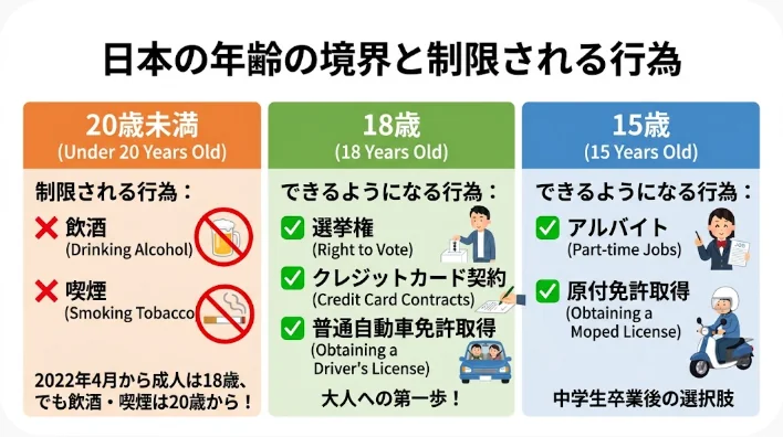 パスポートやチケットと年齢の境界を示す数字が机に並ぶ学習用画像