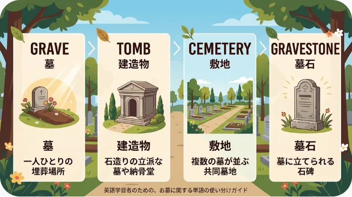 個人の墓と歴史的な墓所と複数の墓が並ぶ墓地と墓石の違いを示す風景