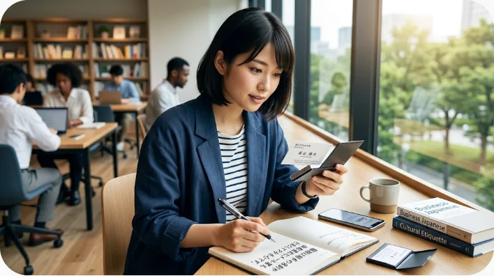 机で名刺と英文メールを確認しながら英語の敬称を学ぶ日本人学習者