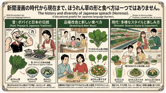 生、冷凍、缶詰のほうれん草と食料庫を並べた歴史資料風の画像