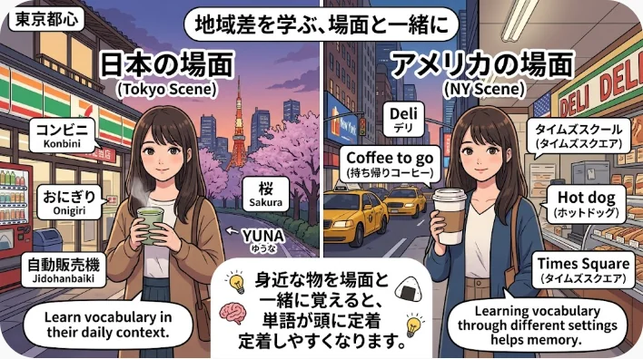 二冊の英語辞書と英米で呼び方が異なる日用品を並べた学習用の机