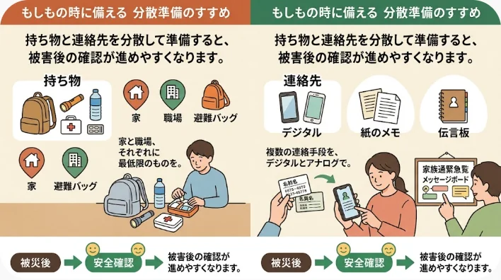 ホテルの机で旅行者がバッグ、カード、緊急連絡先、スマートフォンを整理している様子