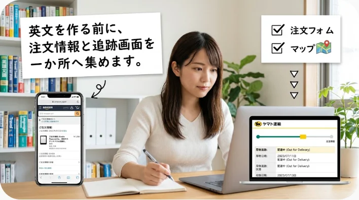 海外通販の注文番号や追跡情報を机上で確認している様子