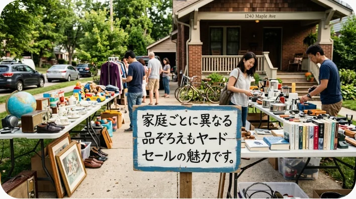 アメリカ郊外のガレージ前に中古の食器、本、衣類、工具が並んでいる様子