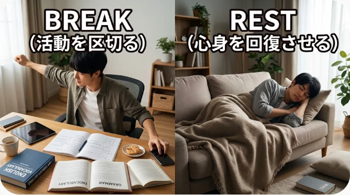 仕事を中断する短い休憩と心身を回復させる休息を左右の小物で表した画像
