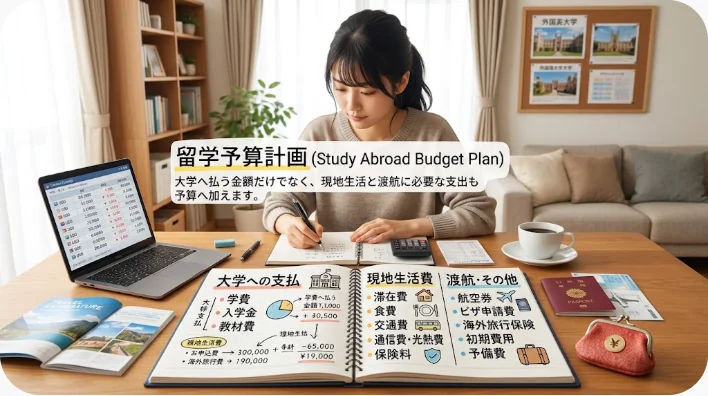 授業料、教科書、寮の鍵、保険、渡航費を示す品物が机に並んでいる様子