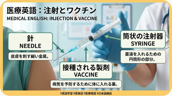 診療所のテーブルに注射針、注射器、ワクチンの小瓶、絆創膏、予防接種記録が並んでいる画像
