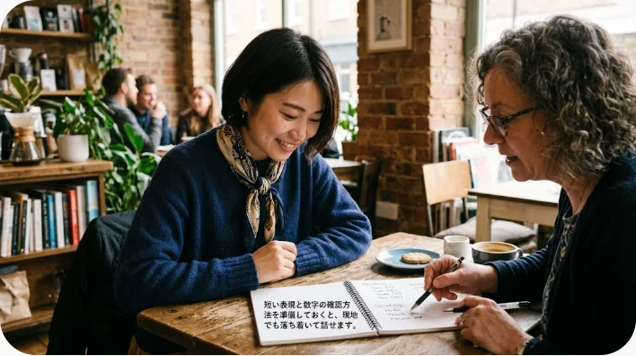 英語学習者がノートや電卓を使って値引き交渉の表現と数字を練習している様子