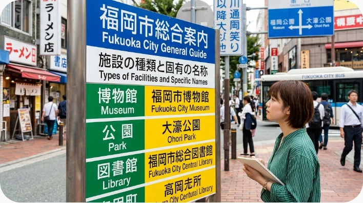 駅や公園などを示す日本語と英語の道路案内標識