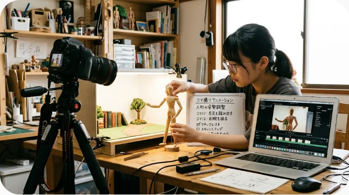 人形と交換部品とミニチュア牧場が並ぶストップモーション制作スタジオ