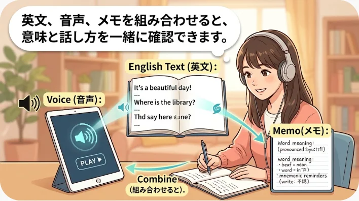 英語の演説原稿とヘッドホンとノートを机に並べて学習する場面