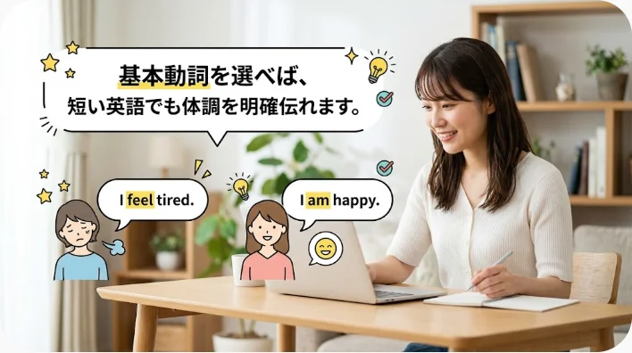 体調を表す英語を学ぶためのノート、体温計、水、ティッシュが置かれた机