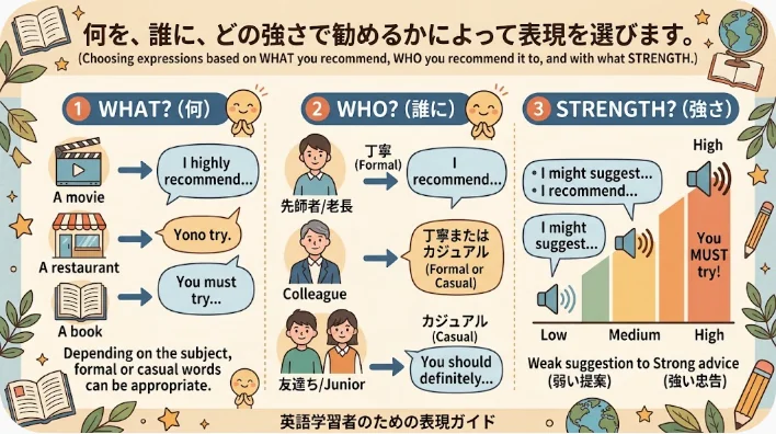 映画やレストラン、旅行、英語学習に関する複数の選択肢が並ぶ様子
