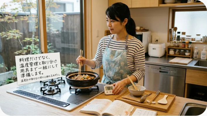 ポットラックへ持参する保存容器、保冷バッグ、料理、取り分け用具を準備している場面