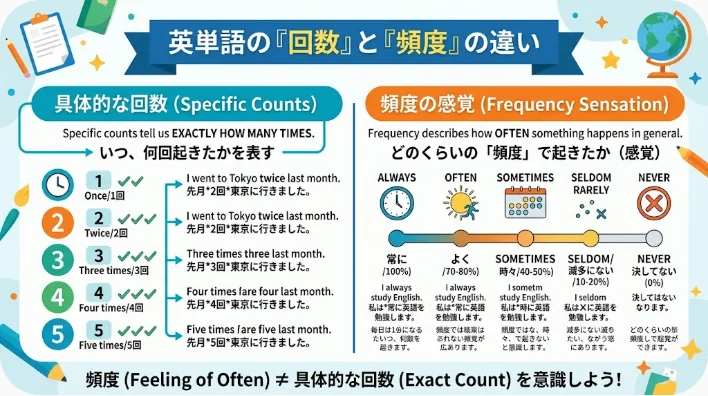 頻度副詞の位置と習慣の間隔を表すカード、時計、カレンダーが机に並んでいる様子