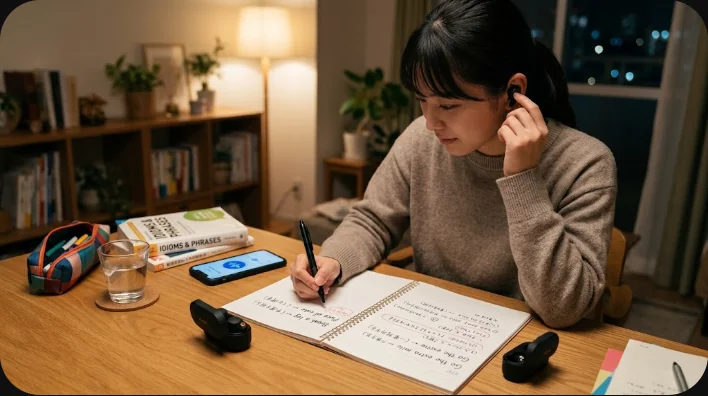 辞書と教材、無地の付箋、イヤホンが並んだ木製の学習机を高い角度から撮影した写真