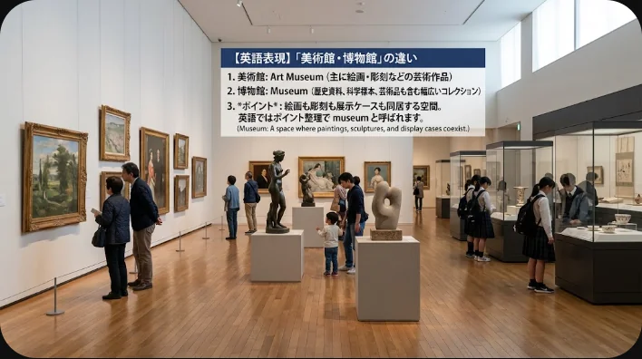 オーク材のデスクに置かれた英語のノートと鉛筆、そして絵画・恐竜の頭骨・蒸気機関車をかたどった3つの紙製アイコンが一列に並ぶ俯瞰の静物写真