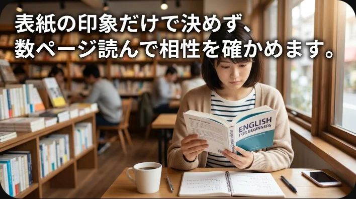 書店で複数の英語の本を開き、難易度や長さを比較する日本人学習者